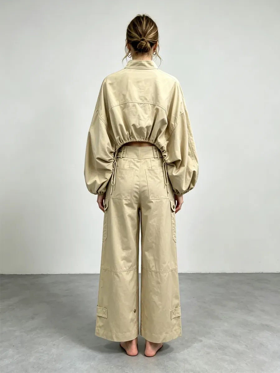 Mara Loose-Fit Cargo Top with Lantern Sleeves and Drawstring