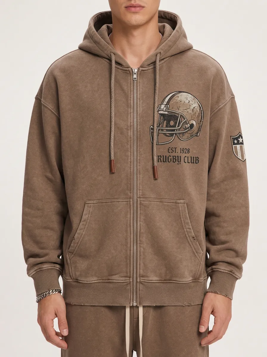Men's Rugby Club Football Helmet Graphic Printed Zip-up Hoodie