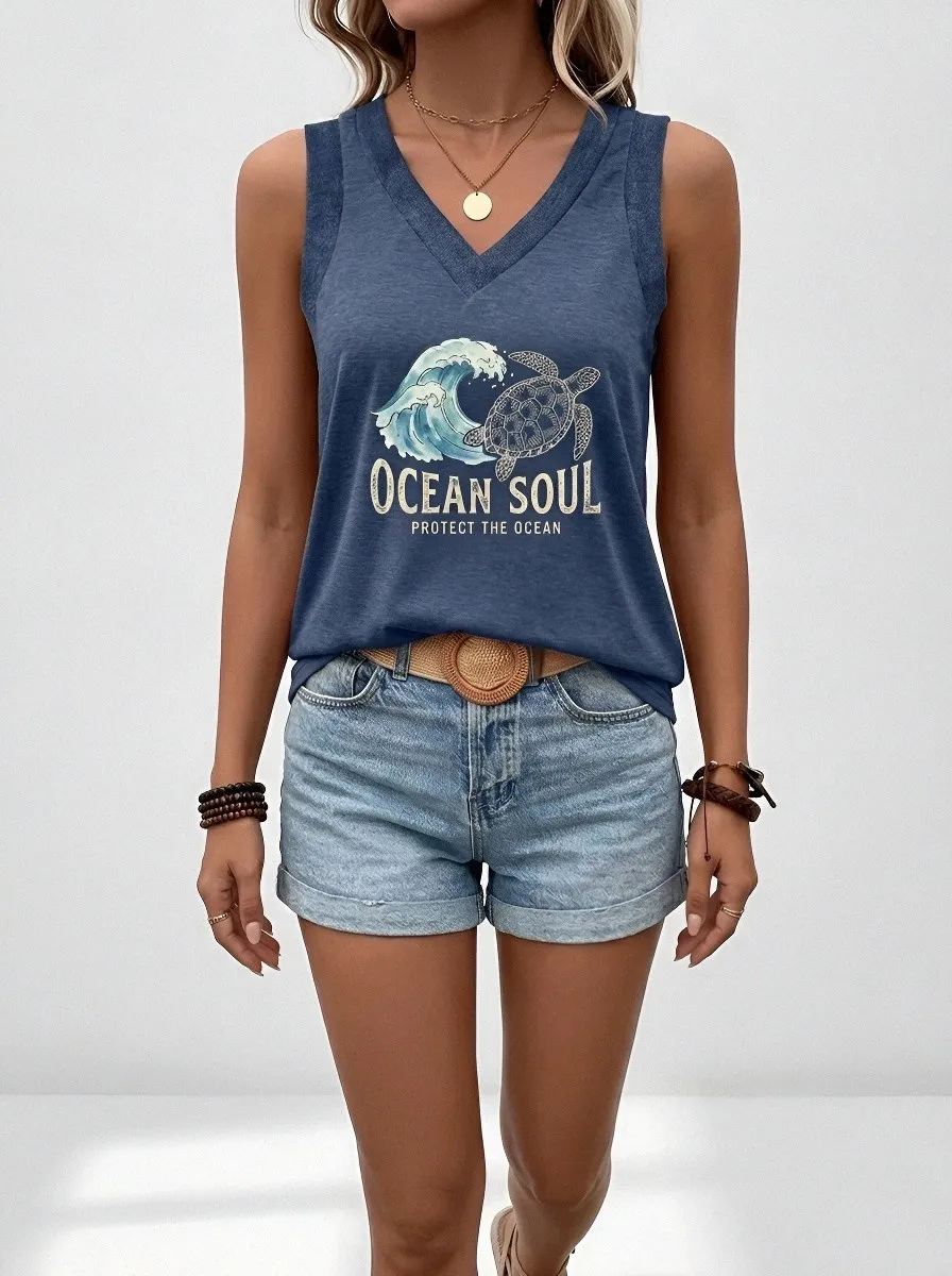 Women's Ocean Lover Sea Turtle Wave Printed V-Neck Tank Top