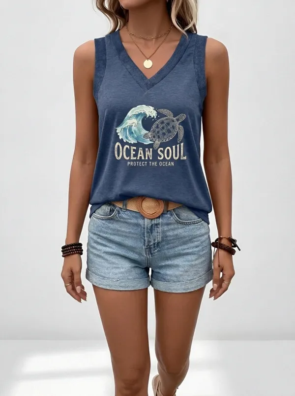 Women's Ocean Lover Sea Turtle Wave Printed V-Neck Tank Top