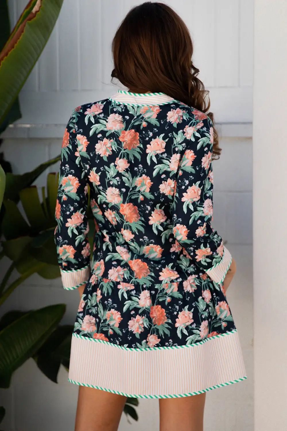 Balanced Detail Floral Striped V Neck Mini Dress
