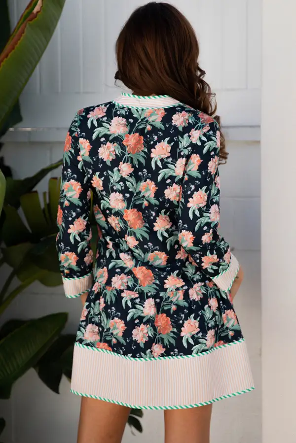 Balanced Detail Floral Striped V Neck Mini Dress