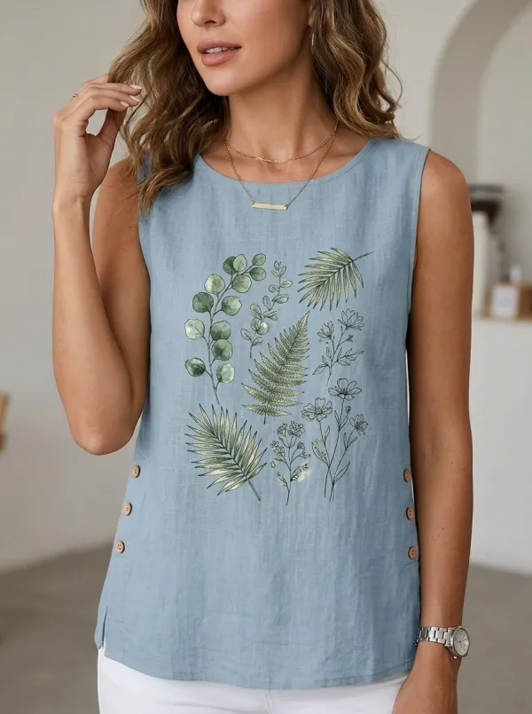 Women's Botanical Nature Lover Fern Leaf Printed Sleeveless Top
