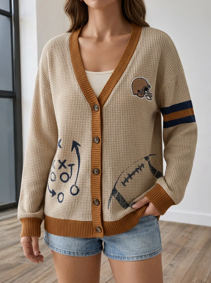 Women's Stadium Football Fan Helmet Playbook Printed Waffle Knit Cardigan