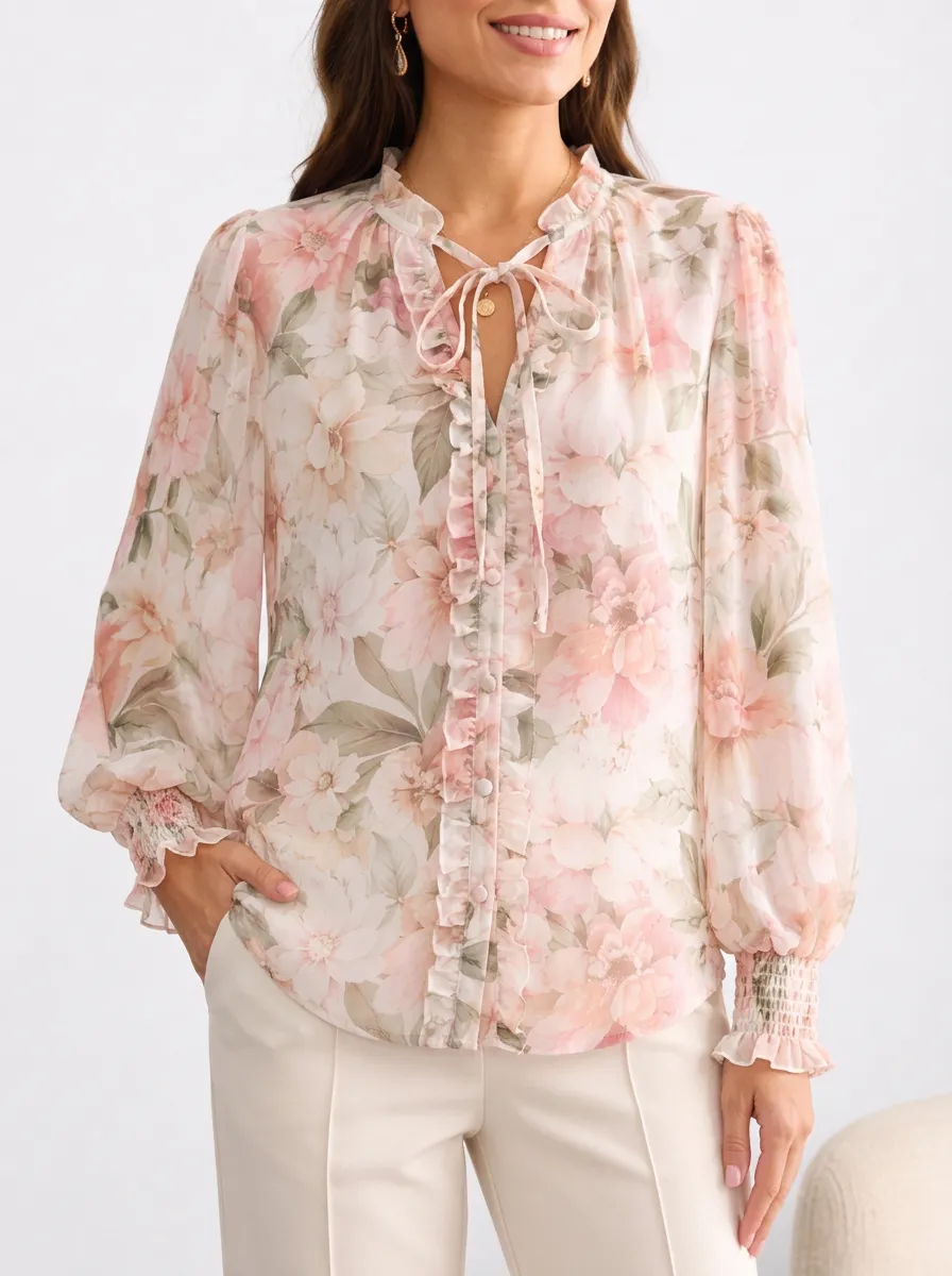 Women's Floral Ruffle Tie-Neck Printed Blouse