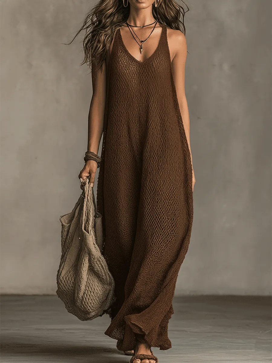 Bohemian Relaxed Sleeveless Wide-Leg Olive Knit Maxi Dress