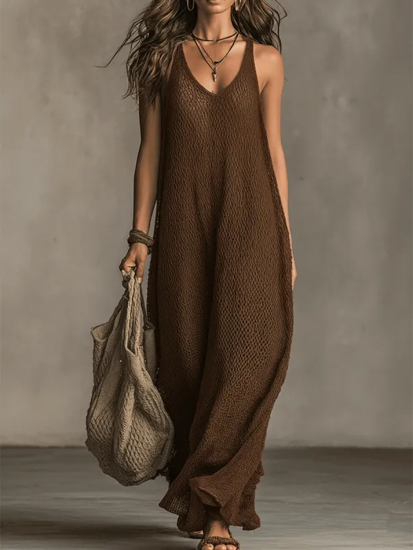 Bohemian Relaxed Sleeveless Wide-Leg Olive Knit Maxi Dress