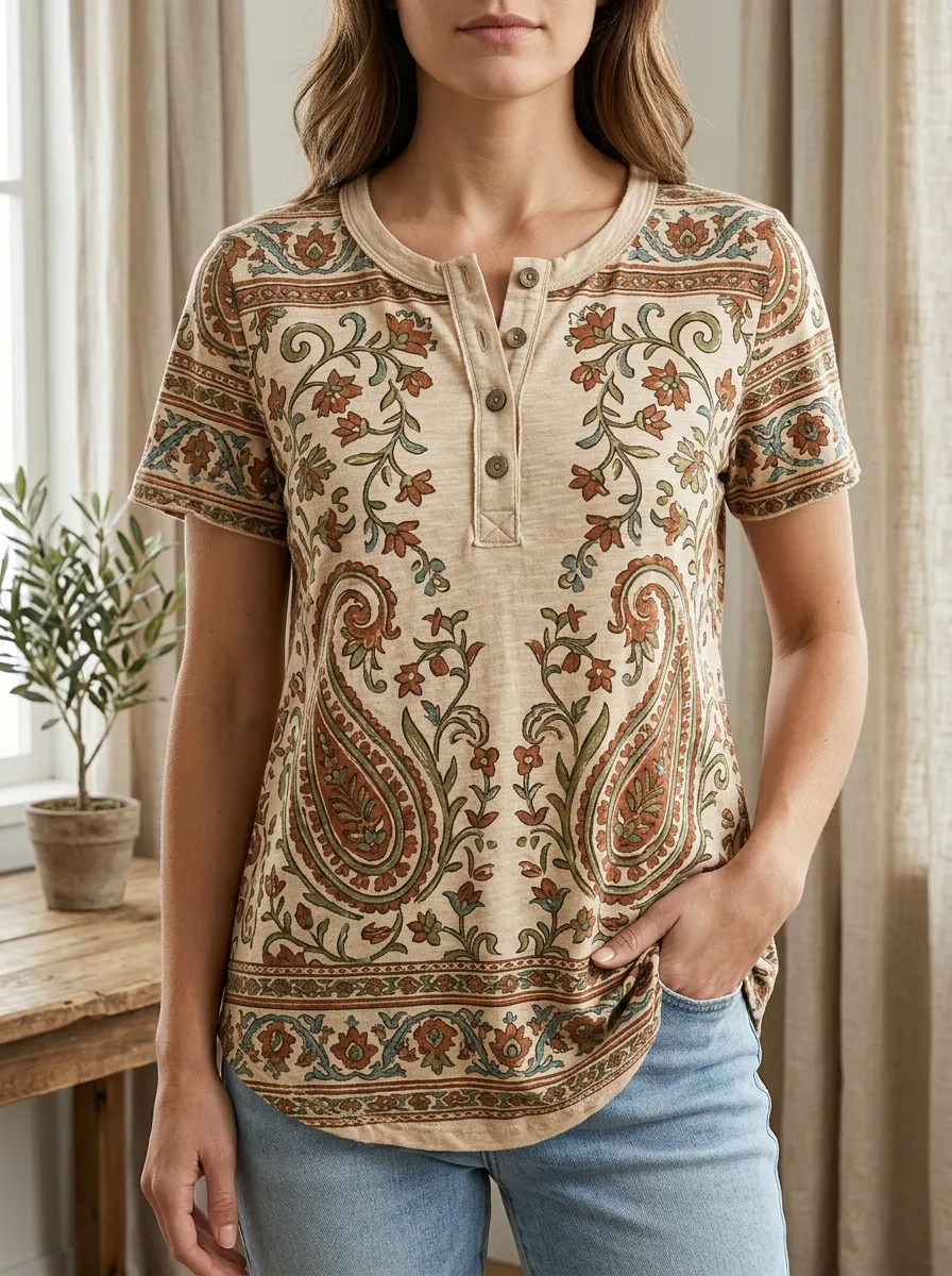 Women's Easygoing Boho Paisley Floral Henley T-Shirt