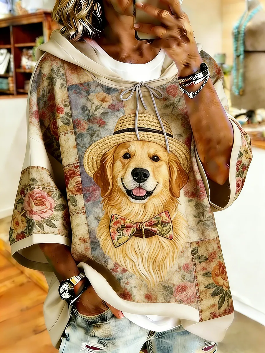 Golden Retriever Straw Hat & Bow Tie Floral Patchwork Hoodie