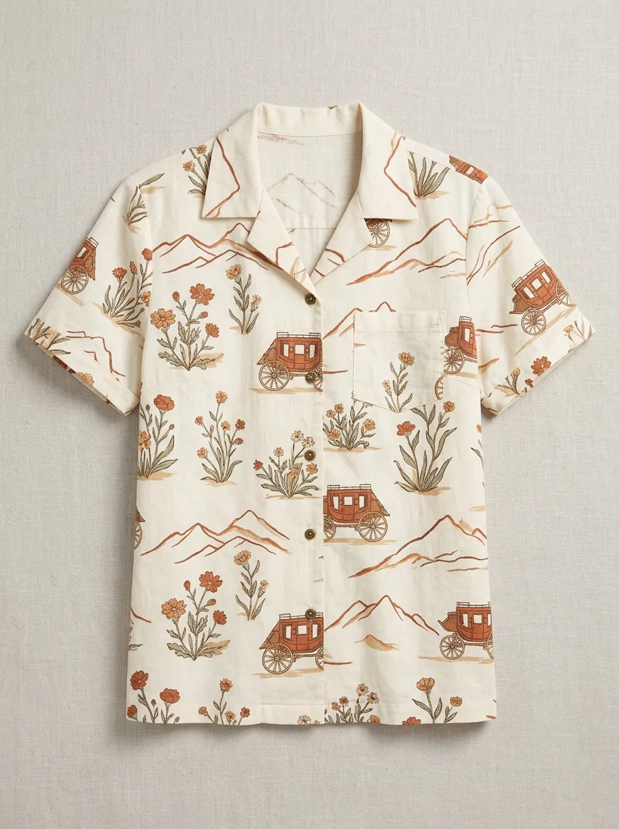 Women's Western Cowboy Stagecoach Floral Printed Short Sleeve Shirt