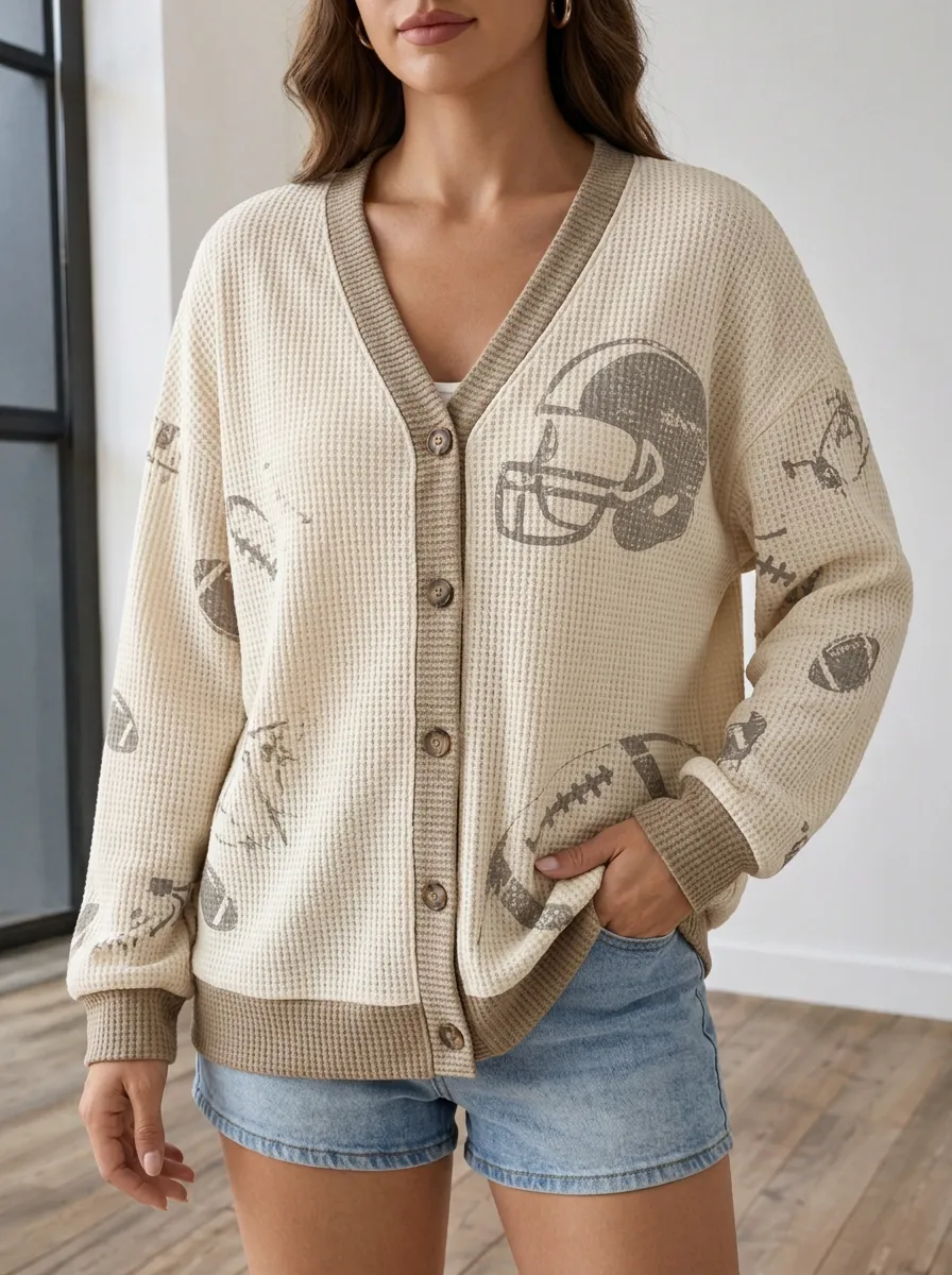 Women's Sideline Football Fan Helmet Ball Printed Waffle Knit Cardigan