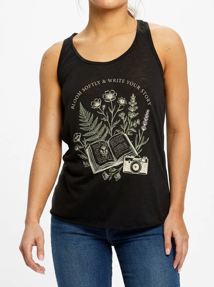 Women's Book Lover Floral Camera Printed Tank Top