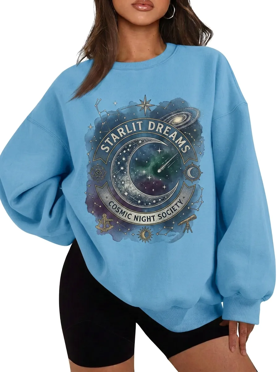Women's Starlit Dreams Cosmic Night Society Moon Stars Printed T-shirt