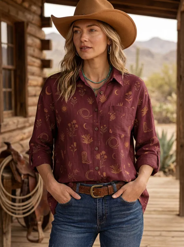 Women's Western Boho Desert Cactus Cowboy Boot Printed Cotton Linen Shirt