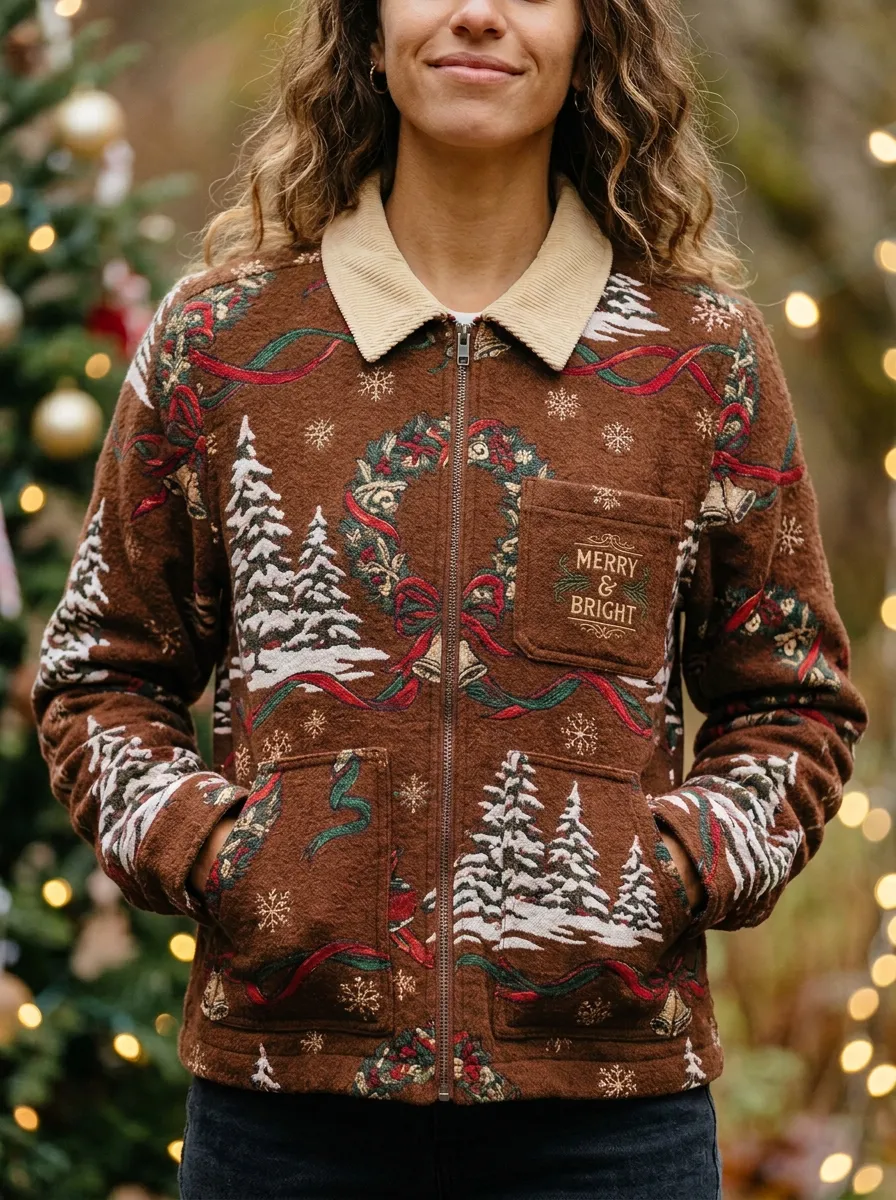 Christmas Merry & Bright Wreath Tree Pattern Print Jacket