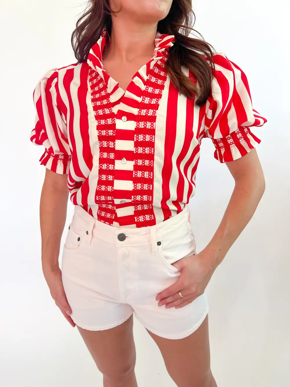 Printed Striped Smocked Blouse