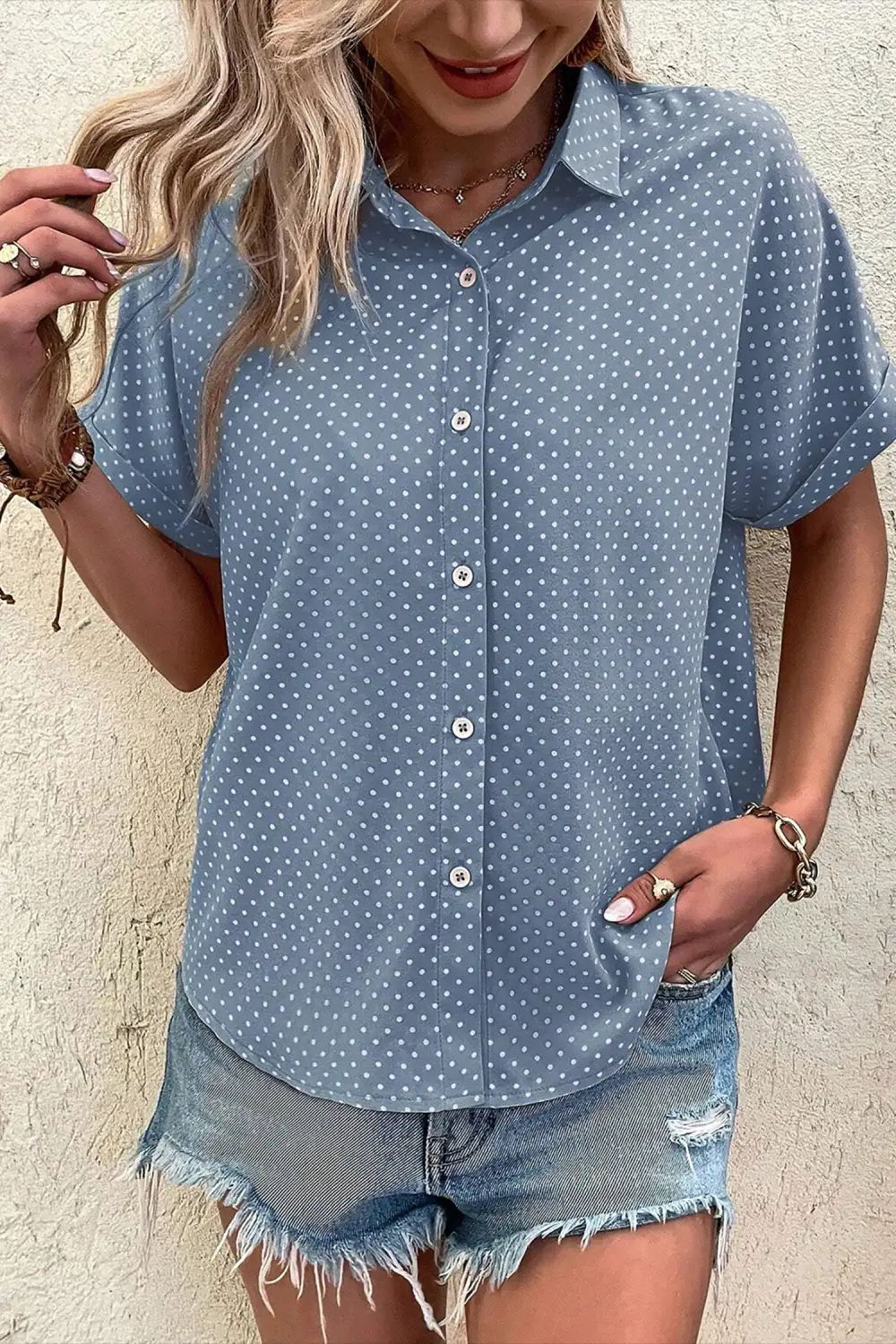 Short Sleeve Dot Print Shirt Blouse