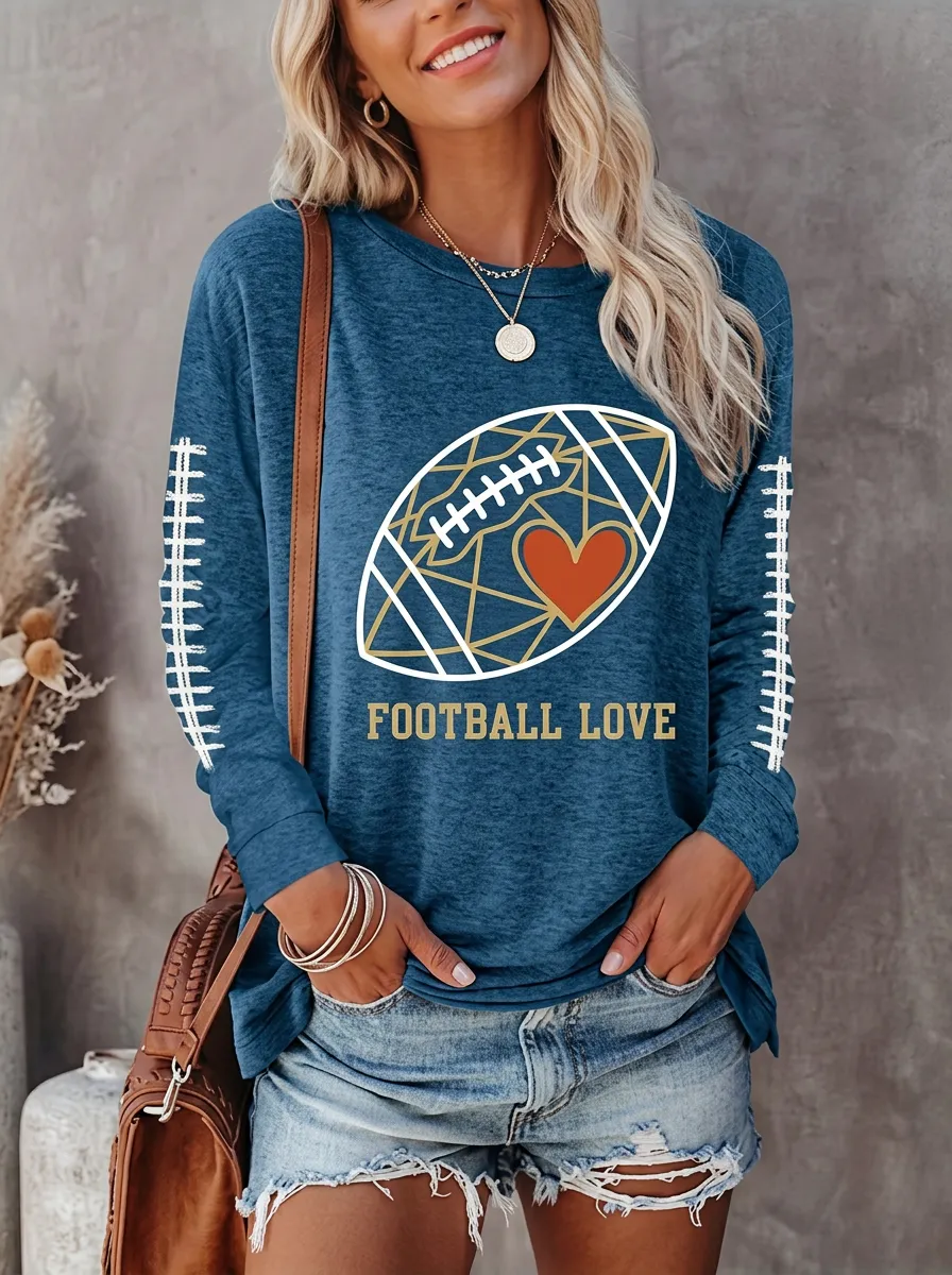 Women's Vintage Inspired Gridiron Heart Ball Love Crewneck Long Sleeve T-Shirt