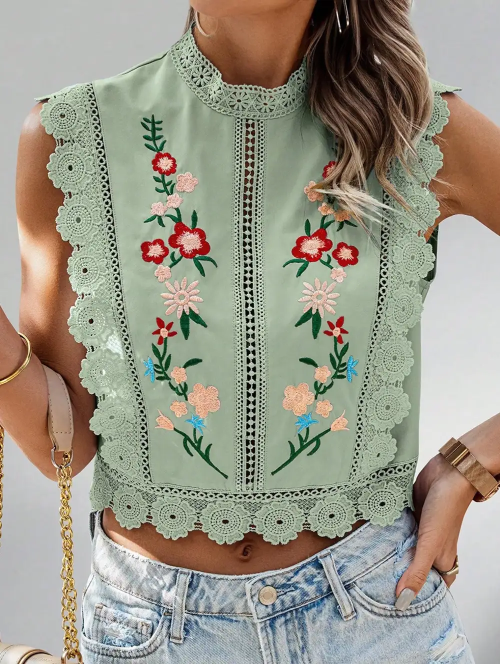 Lace Embroidered Sleeveless Blouse