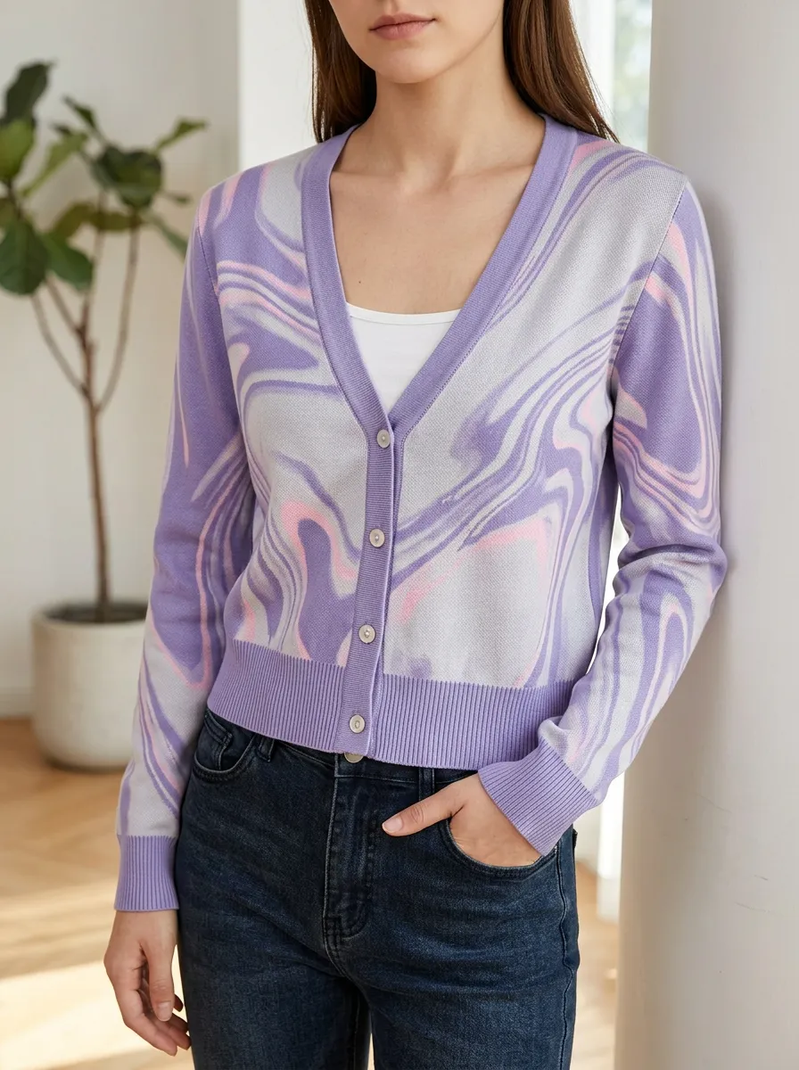 Women's Purple Pink Marble Swirl Printed Cardigan