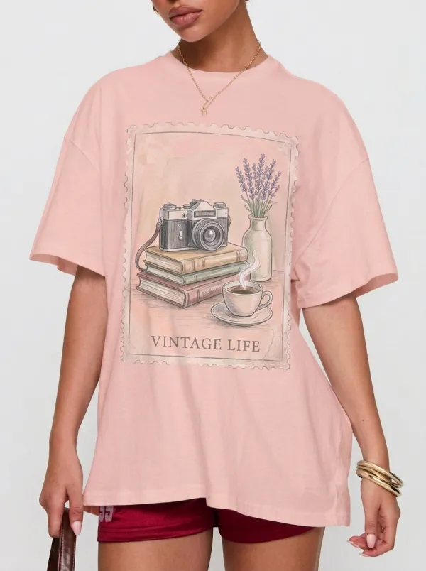 Women's Vintage Life Camera Books Coffee Printed T-shirt