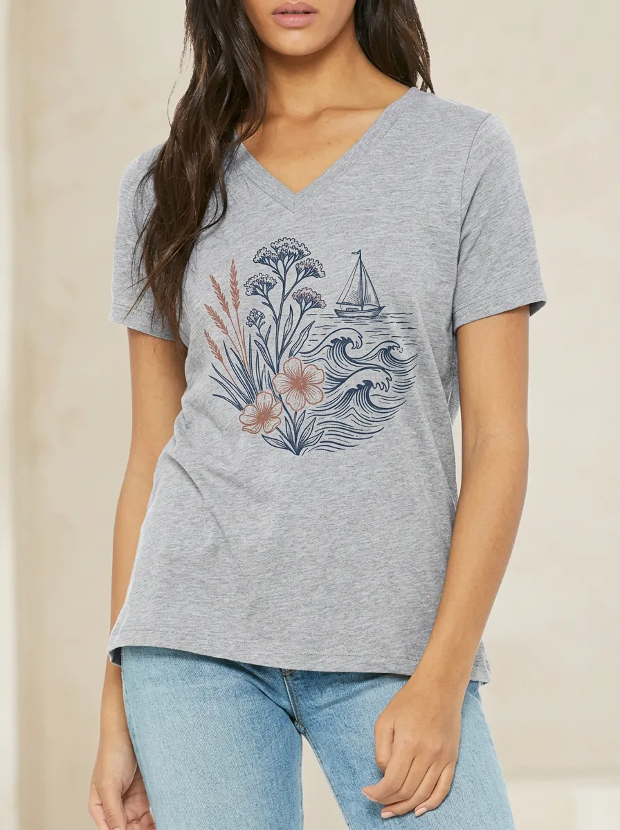 Women's Nautical Floral Sailboat Ocean Wave Printed V-neck T-shirt