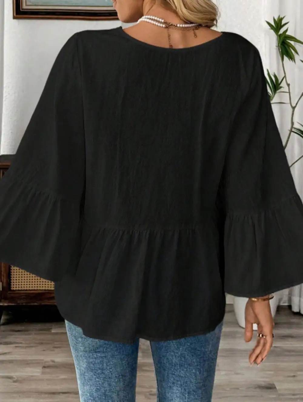V Neck Ruffle Sleeve Cotton Blouse