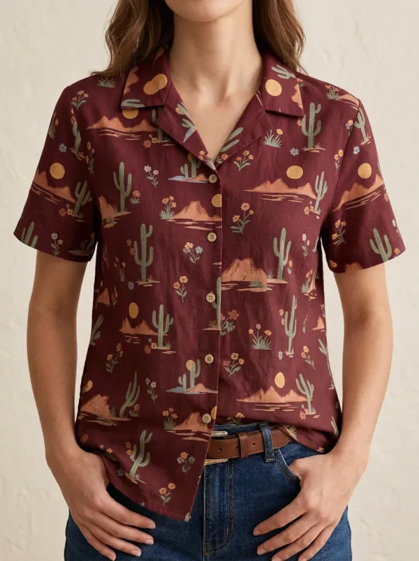 Women's Western Desert Cactus Mountain Printed Short Sleeve Shirt