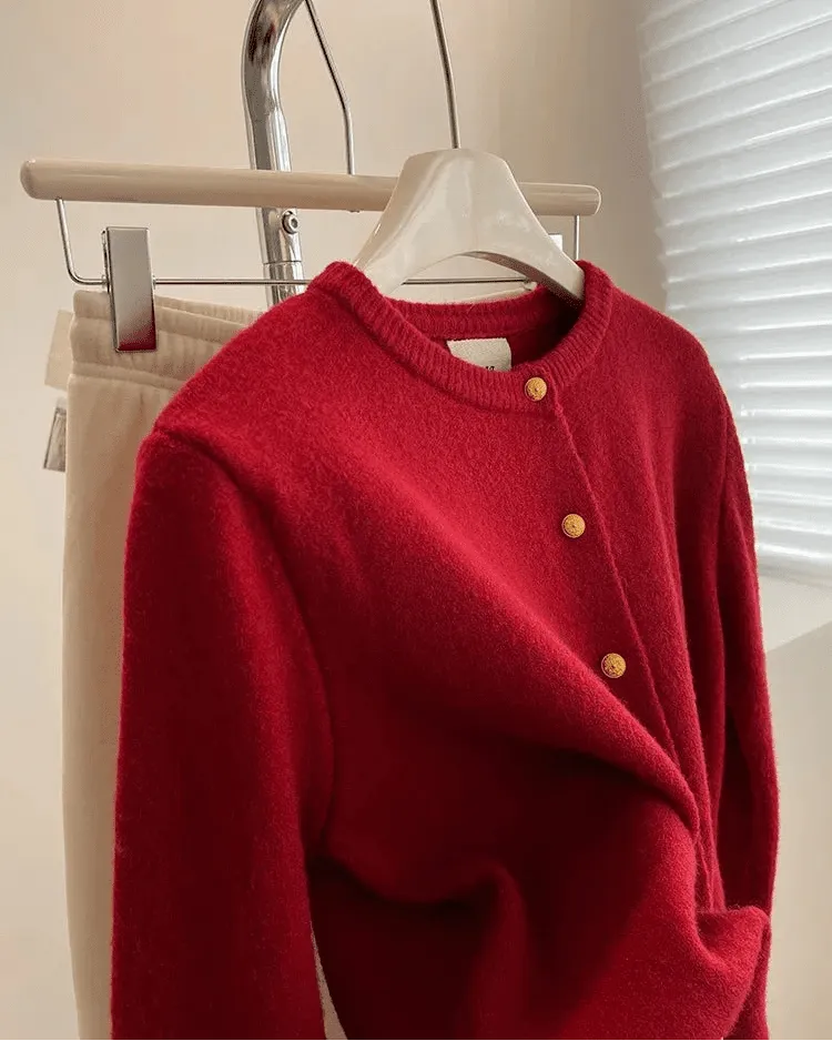 Classic Wool Button-Front Round-Neck Cardigan