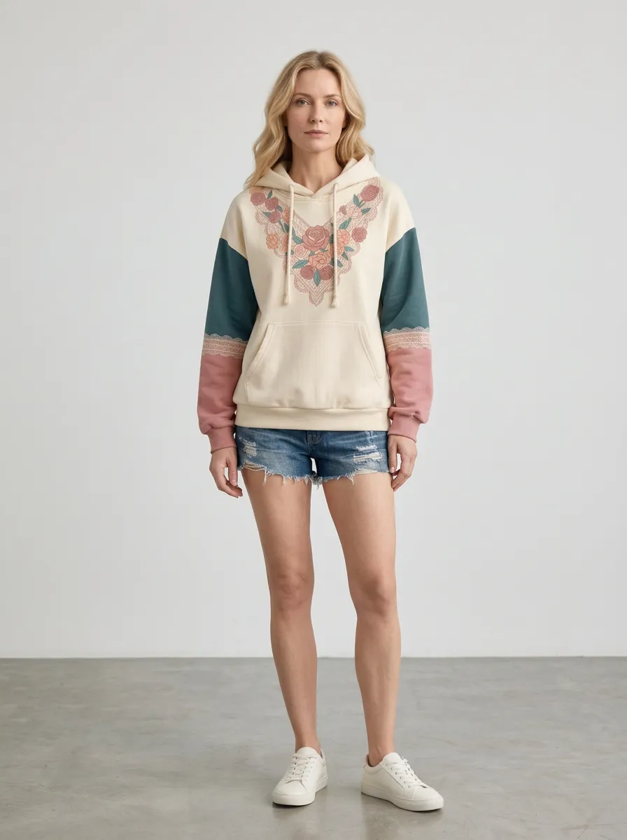 Women's Western Style Rose Lace Printed Hoodie