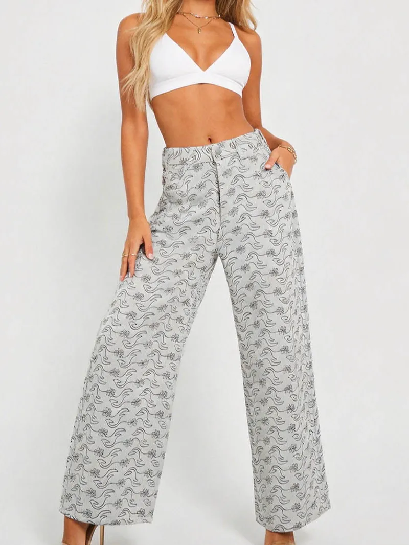 Abstract Jacquard Button Waist Wide Leg Denim Pants
