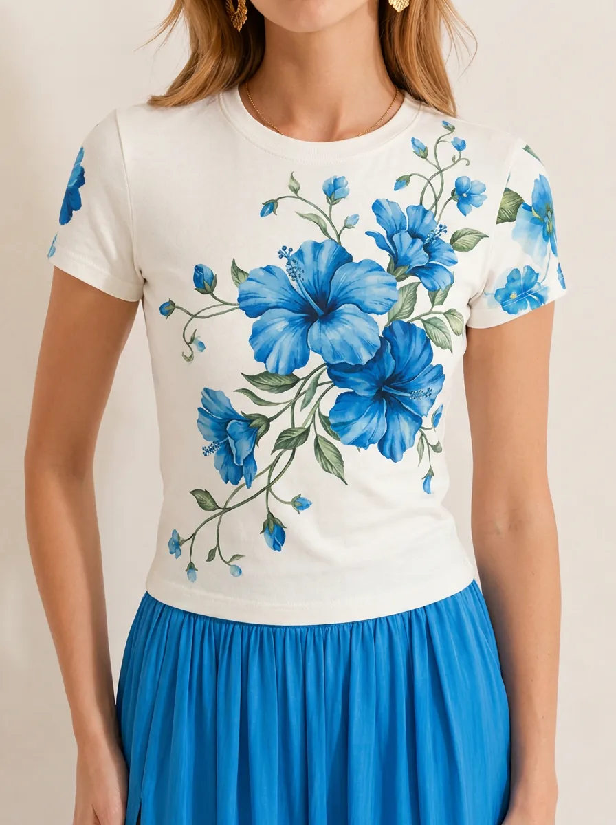 Women's Floral Lover Blue Hibiscus Printed T-shirt