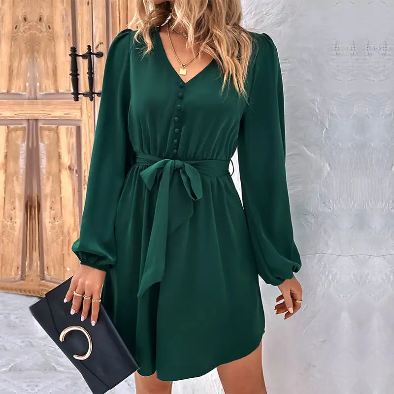 Women's Wrap V-Neck Long-Sleeve Belted Dress