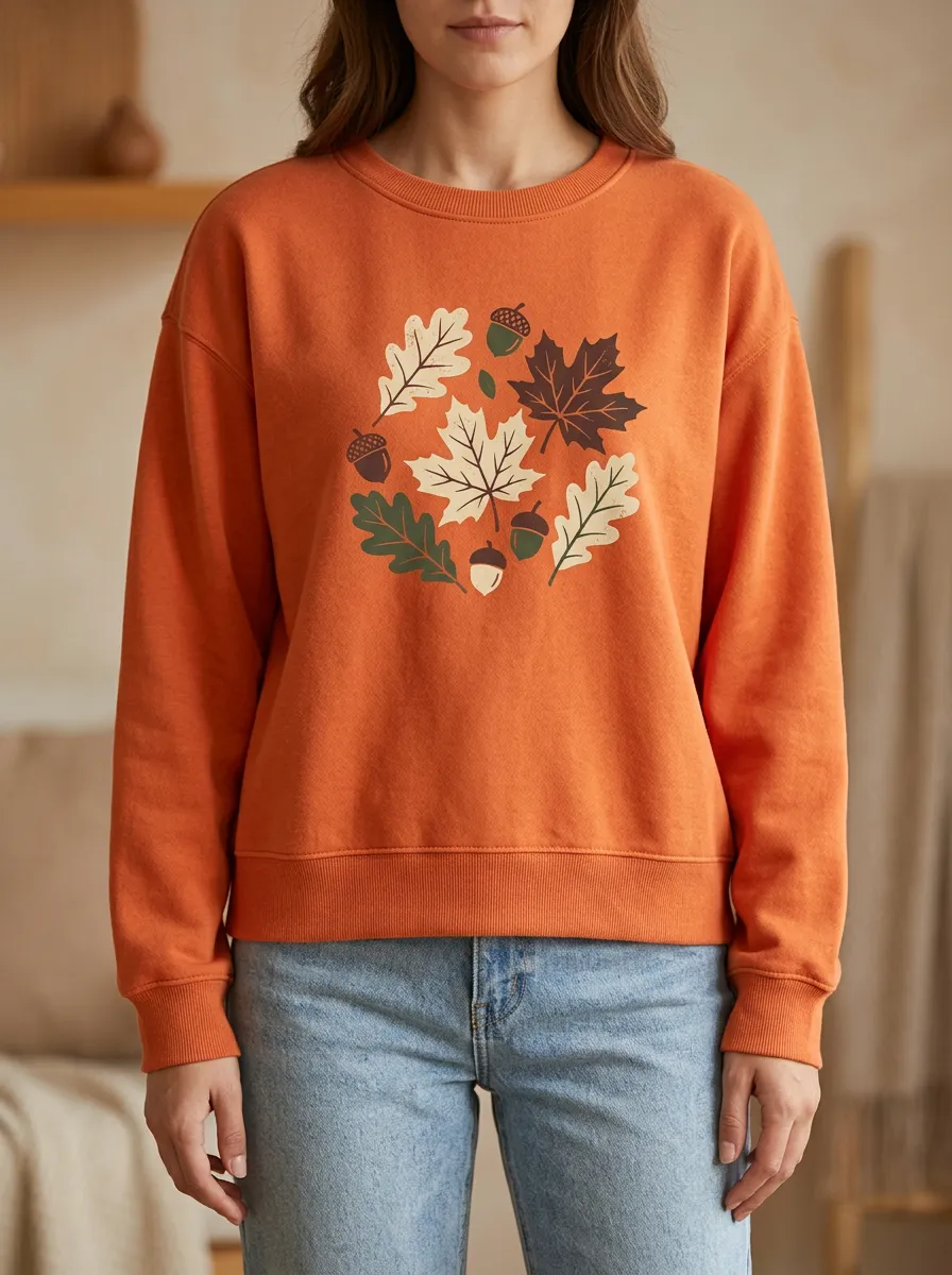 Layered Finish Maple-Leaf Printed Acorn Graphic Sweatshirt