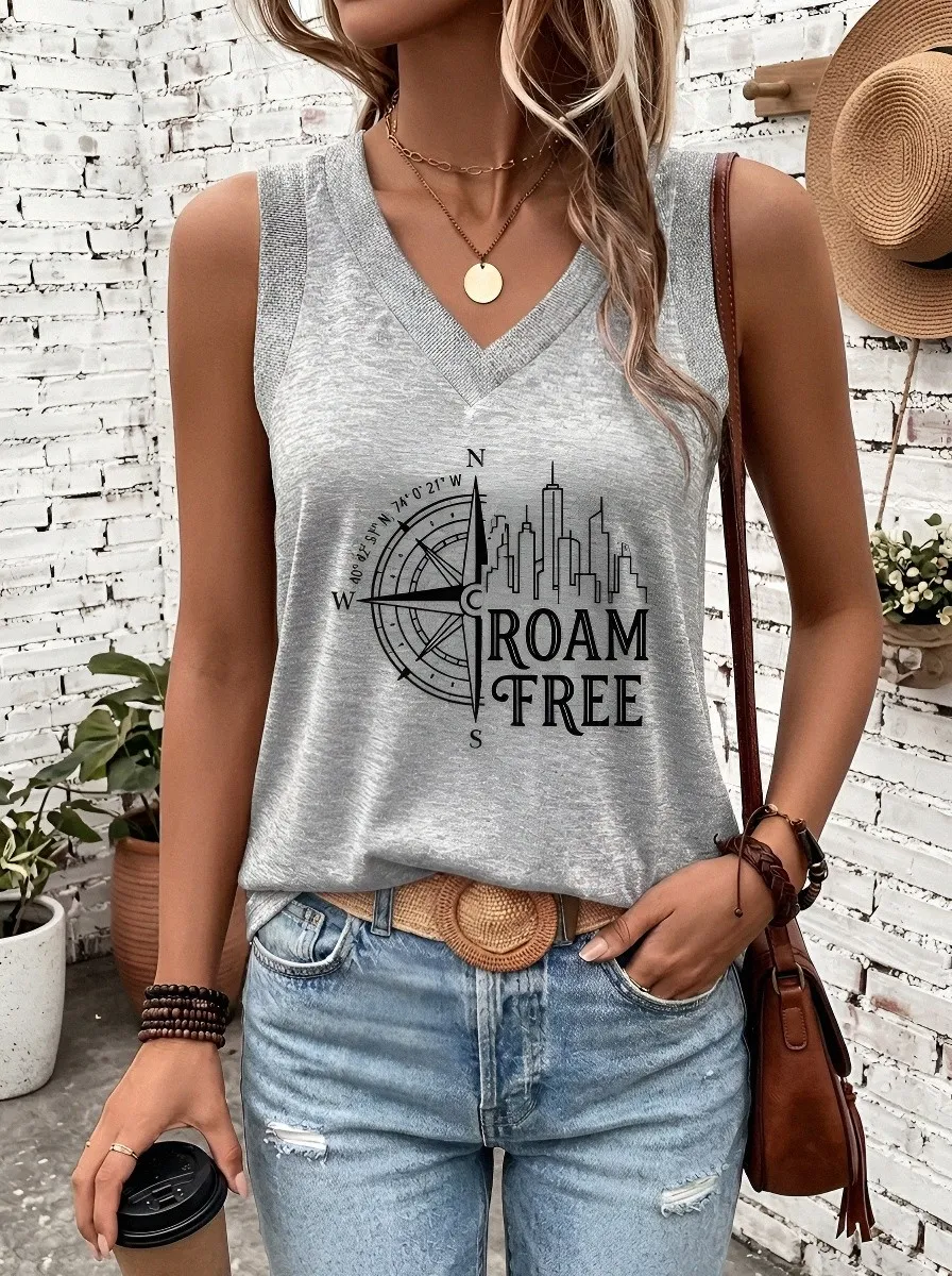 Women's Travel Lover Compass City Skyline Roam Free Printed Tank Top