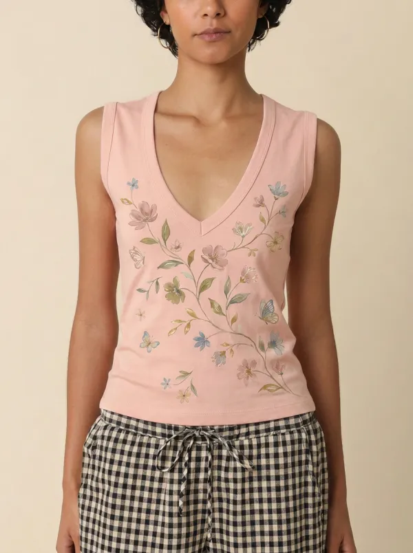 Women's Floral Butterfly Nature Lover Printed V-neck Tank Top
