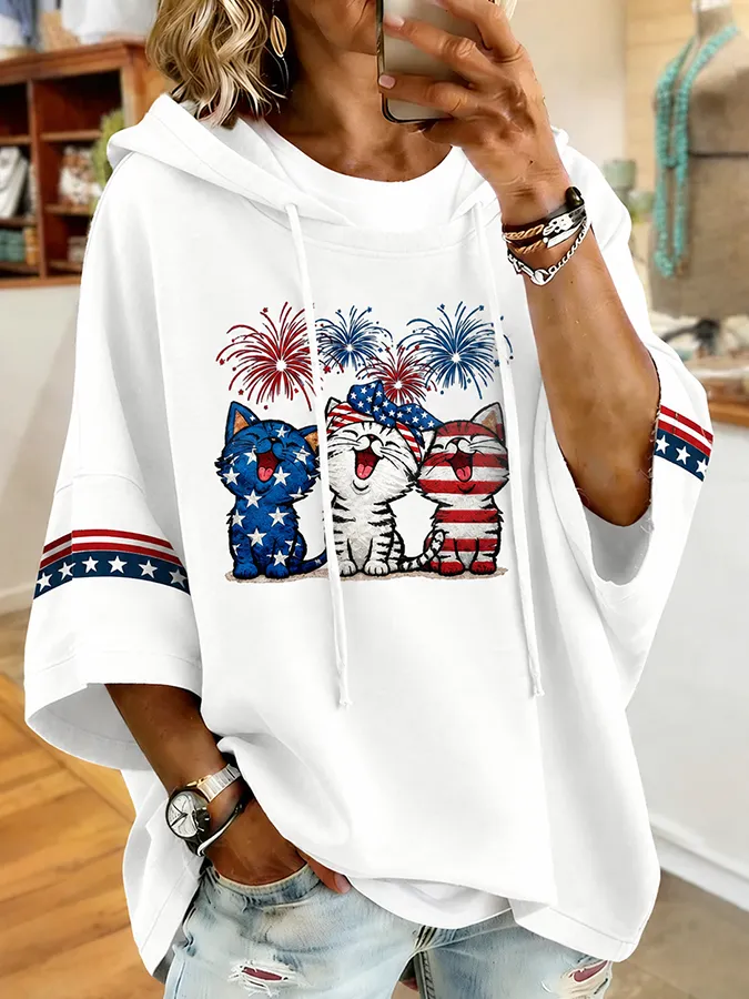 Women's Flag and Cat Printed Hoodie