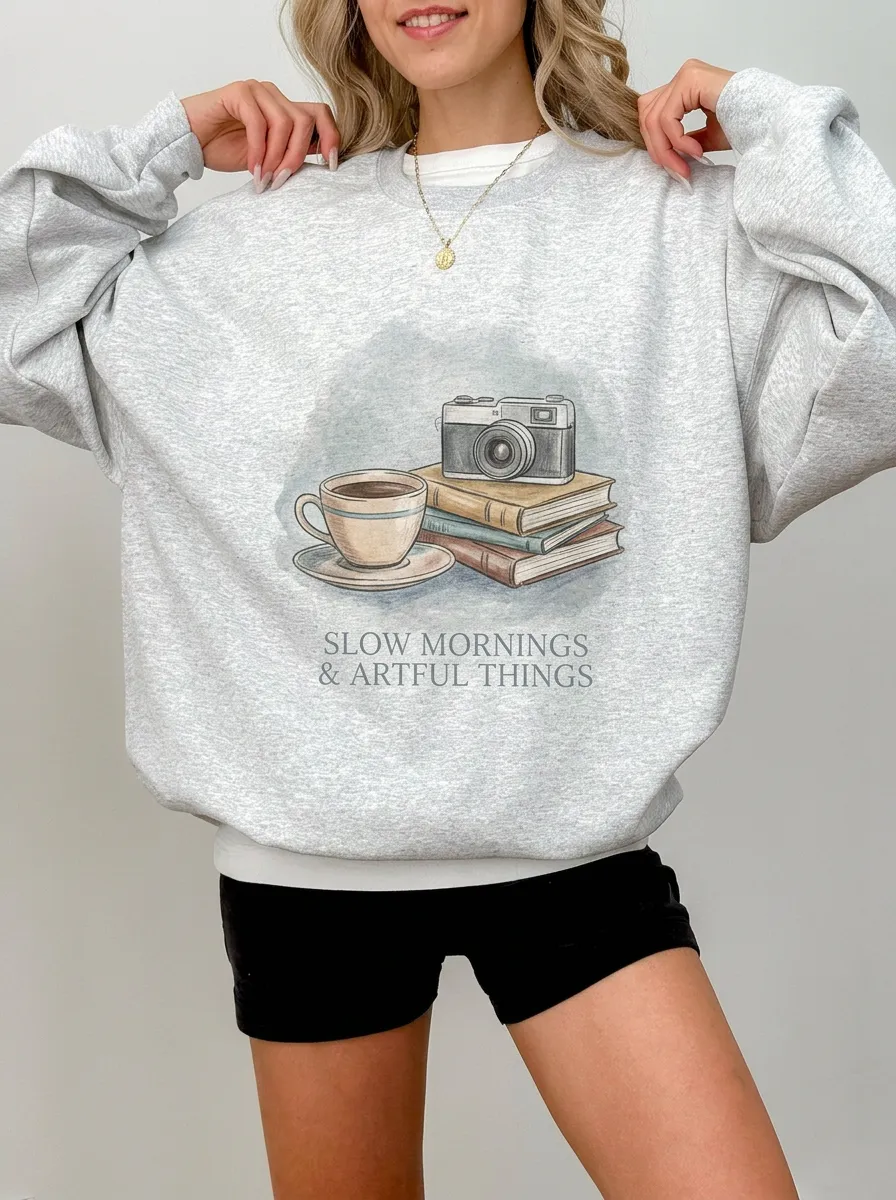 Women's Coffee Book Camera Slow Mornings Printed Sweatshirt