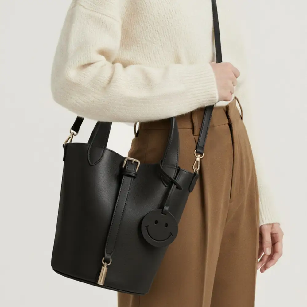 Structured Drawstring Leather Handbag