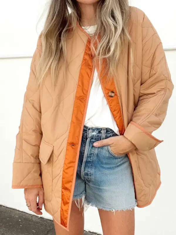 Hooded Collared Round-Neck Quilted Jacket