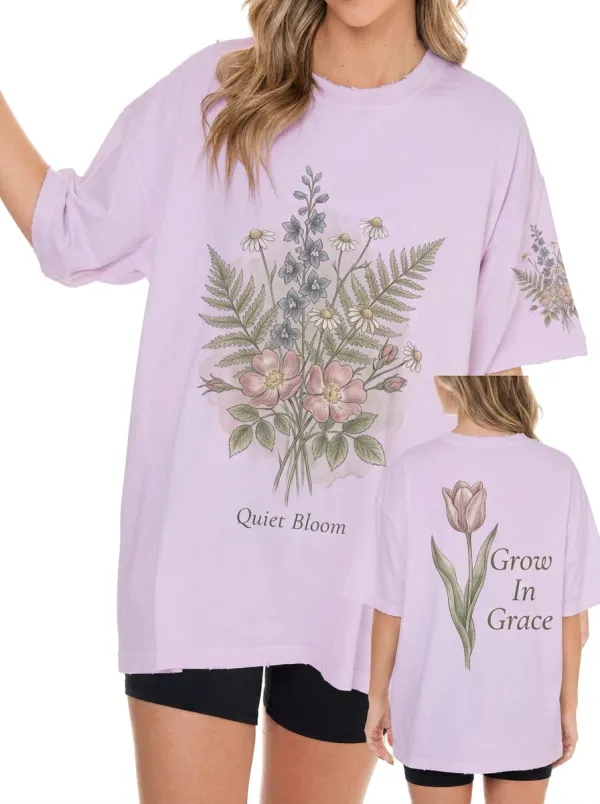 Women's Floral Quiet Bloom Grow In Grace Printed T-shirt
