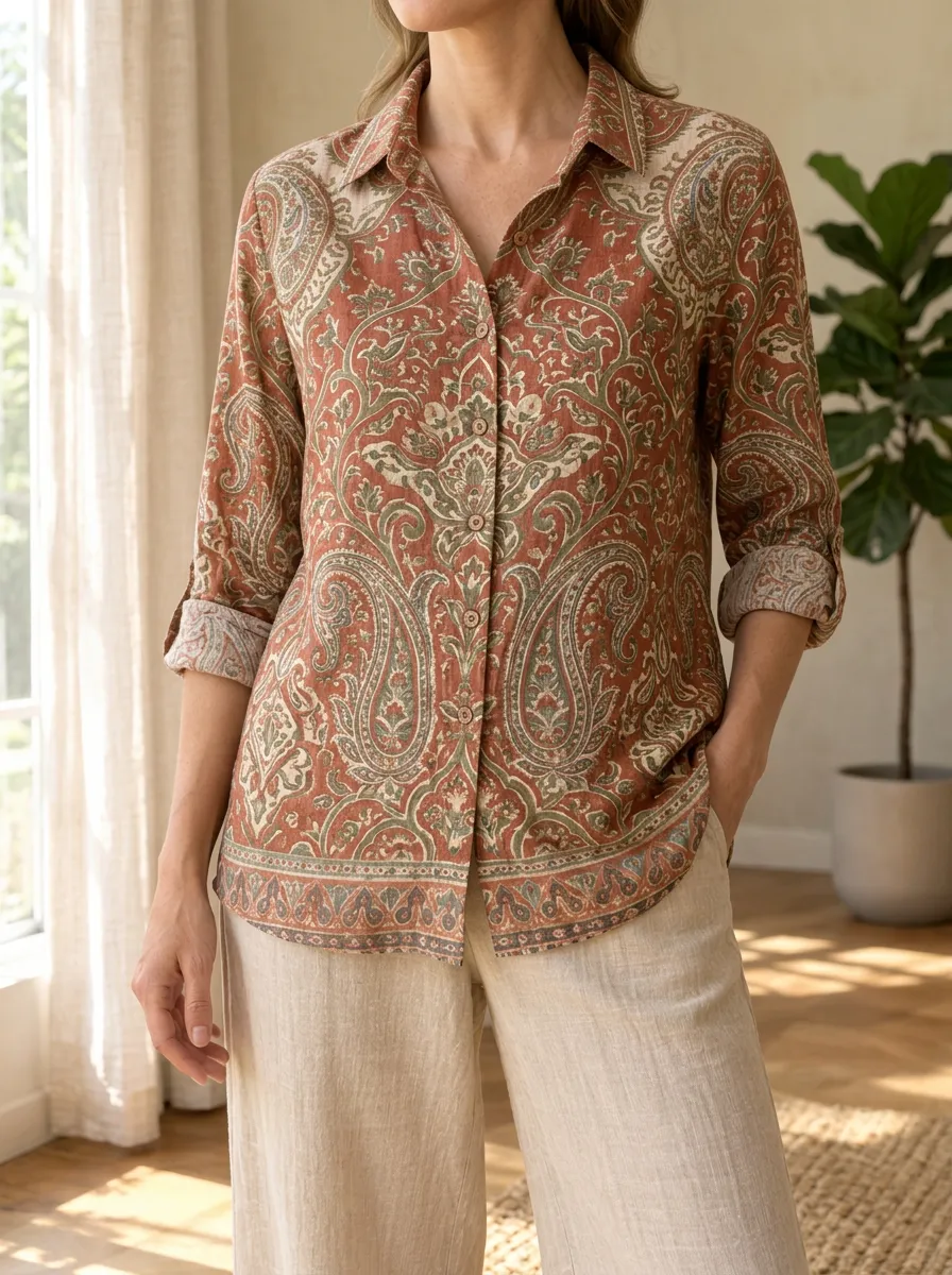 Women's Boho Style Rust Paisley Printed Shirt