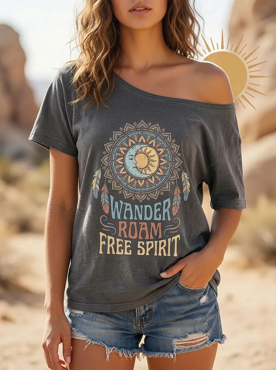 Women's Boho Wanderer Sun Moon Feather Printed T-shirt