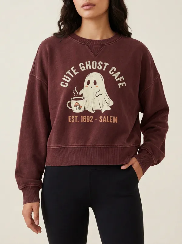 Women's Halloween Ghost Coffee Mushroom Printed Sweatshirt