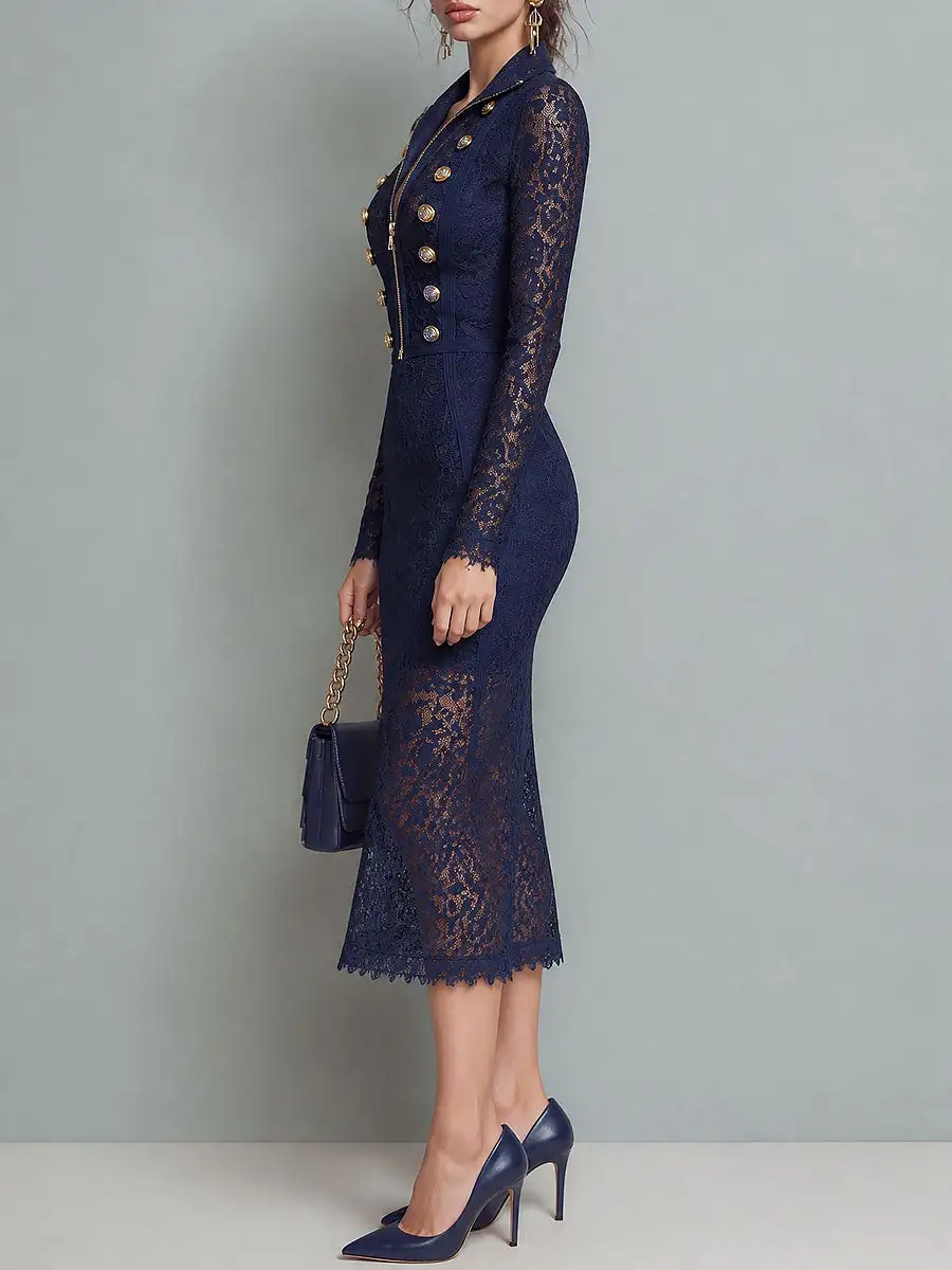 Retro Lace Long Sleeve Midi Dress with Gold Button Detail