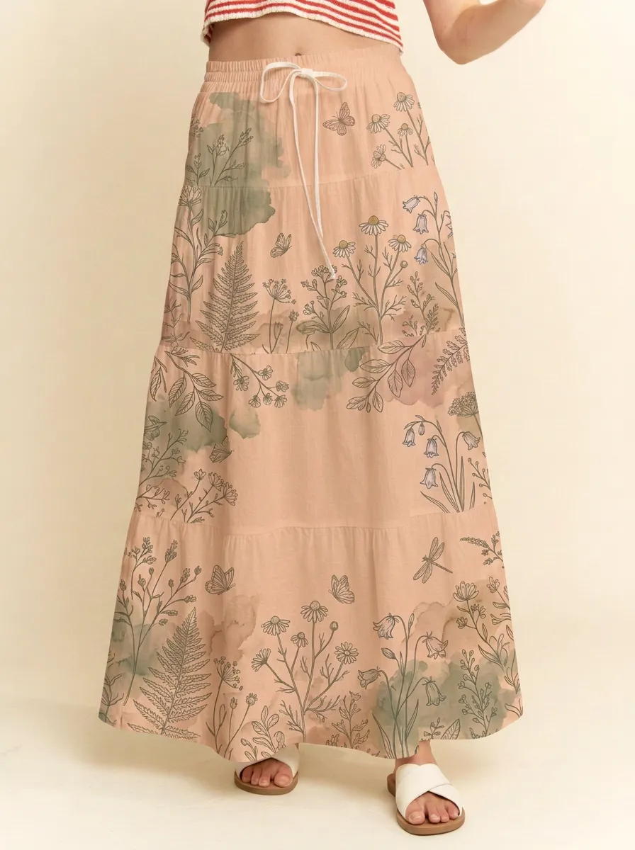 Women's Botanical Nature Lover Butterfly Floral Printed Maxi Skirt