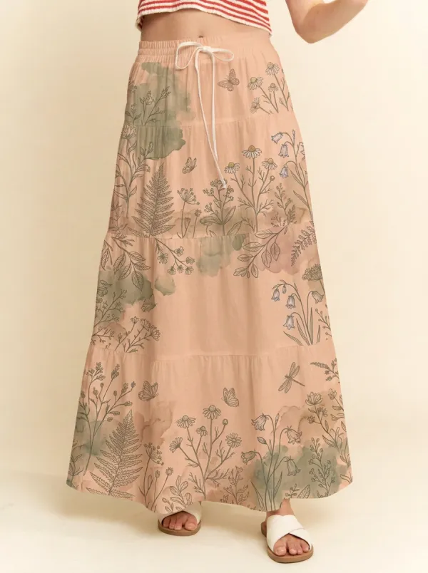 Women's Botanical Nature Lover Butterfly Floral Printed Maxi Skirt