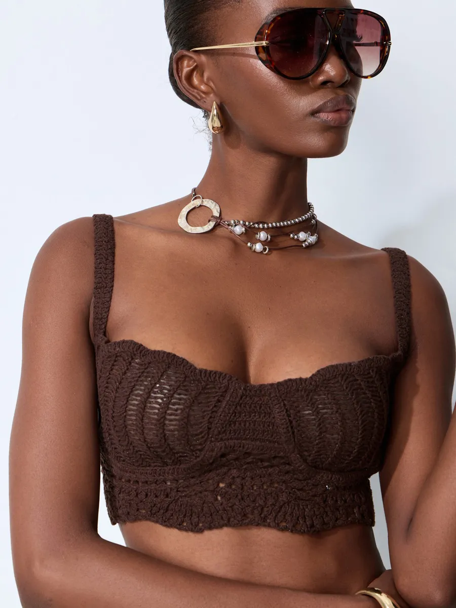 Julia Brown Crochet Knit Top & Fringe Skirt Set
