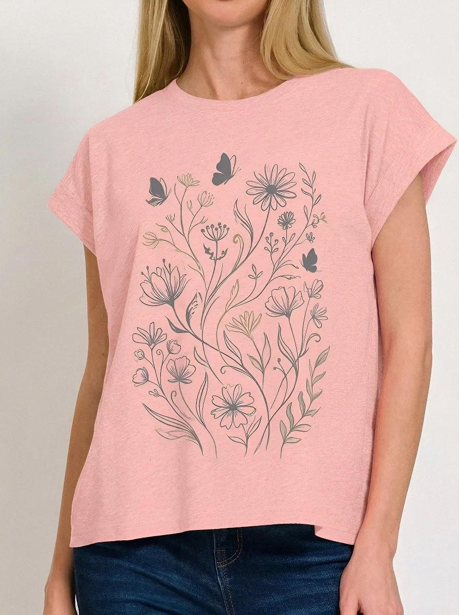 Women's Botanical Butterfly Floral Line Art Printed T-shirt