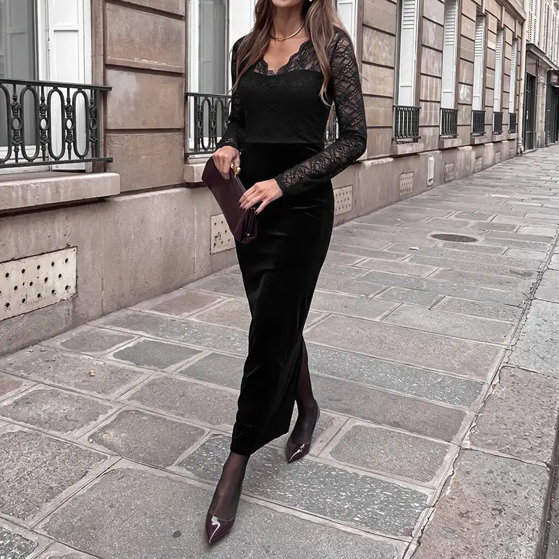 Women's Bodycon V-Neck Long-Sleeve Lace Maxi Dress